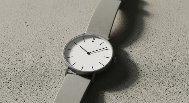 Close Up of Minimalist White Dial Watch with Grey Strap