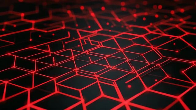 Glowing red hexagonal grid pattern with neon effect, digital style, on a dark background. Concept of technology, data, or cyberspace