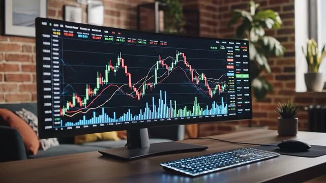 Curved ultrawide monitor displaying stock market candlestick charts in home office