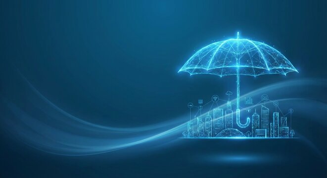 cyber insurance policy checklist under umbrella shield — data protection and compliance — neon vector illustration - Powered by Adobe