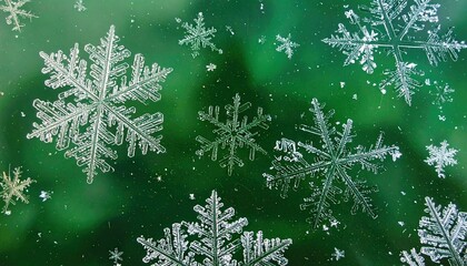 Detailed macro view of natural snowflakes with intricate crystalline structures falling.