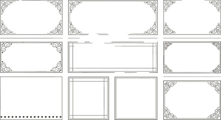 Collection of decorative rectangular frames, ornate border designs, elegant certificate templates, vintage layout styles, blank center for content