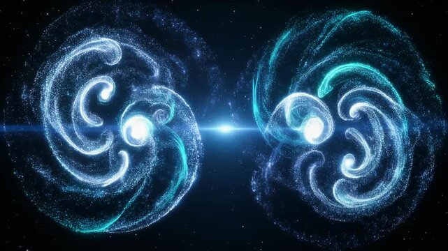Two swirling, spherical forms of shimmering particles, in shades of blue and cyan, separated by a bright light on a dark starry background