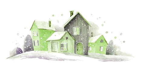 winter village watercolor illustration with snow falling, vector template for winter and christmas greeting cards or real estate advertising, green and grey colours isolated on white background