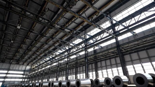 rows of giant steel coils inside a large metal factory, industrial hall with high ceiling and steel beams