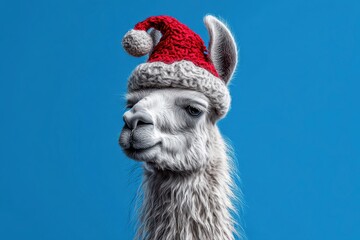 Obraz premium Llama Wearing Festive Christmas Hat Blue Background