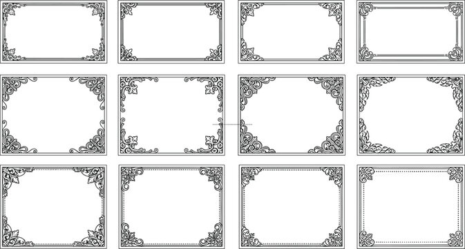 Ornate decorative frame set, vintage certificate borders, floral scrollwork embellishments, elegant invitation templates, classic graphic design elements, artistic assets