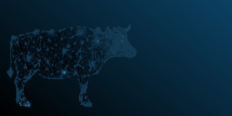 A polygonal depiction of a cow against a dark blue background