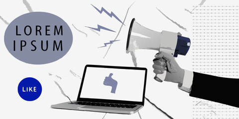 A hand holding a megaphone near a laptop displaying a like symbol