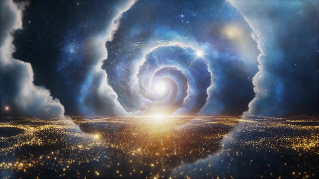 A breathtaking celestial landscape features a swirling galaxy framed by clouds, a brilliant light emanates from its core and surface