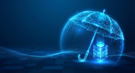 Digital umbrella shields glowing data server cube from falling binary code in dark blue cyberspace environment