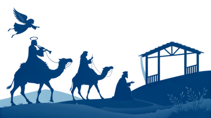Silhouette of the three wise men traveling by camel toward a stable under the guidance of a heavenly angel during a serene blue night scene