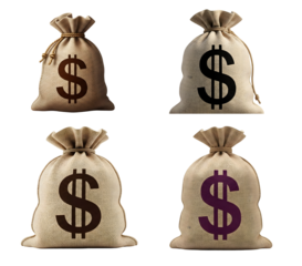 Set of four burlap money bags with dollar signs in different colors, tied with a rope. Financial success and banking concept isolated on a Transparency background