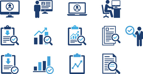 Data analysis icons with computer, clipboard, chart, document, magnifying glass, user profile, verification, report, research, vector illustration