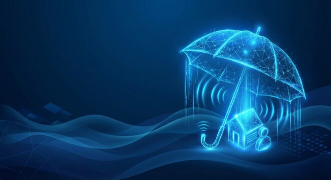 Digital holographic umbrella protecting a home and person against abstract dark blue wave background