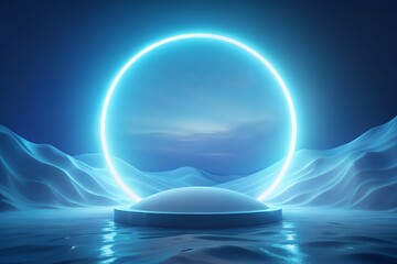 Glowing neon portal in a futuristic icy landscape