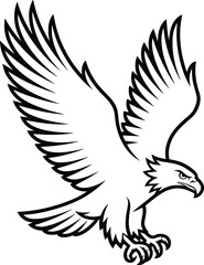 Flying Eagle Line Art Illustration with Open Wings Black and White Vector
