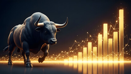 Bullish market trend with rising graph and bull symbol
