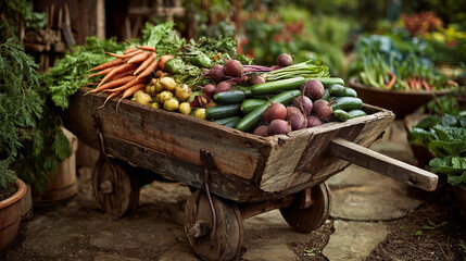 Rustic Wooden Wheelbarrow Overflowing with Fresh Organic Garden Vegetables