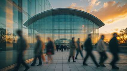 Modern building large glass facade curved roof concrete structure people walking blurred sunrise sunset orange sky peaceful contemplative photography generative AI