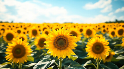 Fototapeta premium Bright yellow sunflowers blooming under blue sky in vast summer field with mountain view, cheerful landscape nature background and agricultural beauty.