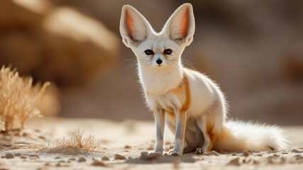 Adorable fennec fox with large ears standing on sandy desert background, wildlife photography capturing cute animal and natural habitat in soft sunlight.