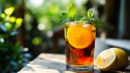 Refreshing glass of iced tea with lemon slices and mint leaves on a patio table in sunlight, summer beverage concept with cool and vibrant mood.