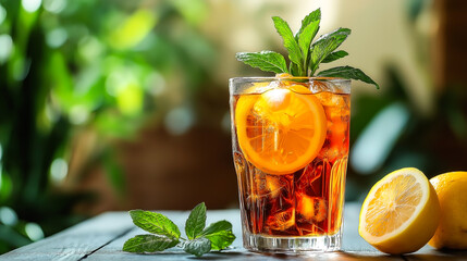 Refreshing glass of iced tea with lemon slices and mint leaves on a patio table in sunlight, summer beverage concept with cool and vibrant mood.