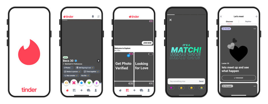 Tinder Mobile App Interface on iPhone with Swipe Carousel Screens and Match UI
Tinder Dating App UI Design Preview on iPhone Showing Tinder Feed, Tinder Match, Tinder Chat