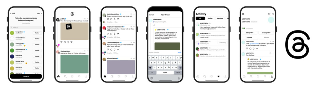 Threads App Mobile UI Carousel on iPhone Showing Threads Feed, Threads Profile and Threads Interface Design
Threads Social Media App Screens on iPhone with Threads Timeline, Threads Activity and Threa