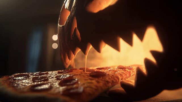 A carved pumpkin with sharp features has a slice of pizza emerging from its mouth. The pumpkin illuminates from within, casting a warm glow. Its expression suggests a blend of humor and spookiness.