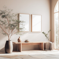 modern scandinavian interior with empty wall art frames, warm wood bench, and airy sunlight