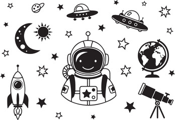 Vector art of black and white astronaut illustration with space objects isolated on for kids