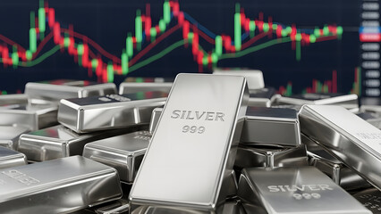 Silver bars with stock market chart in the background
