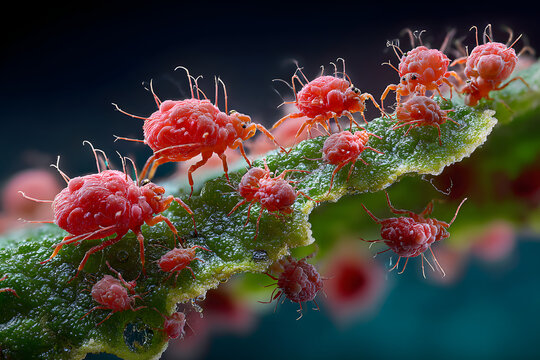 Close-up of red spider mites, Tetranychus urticae on cannabis leaf on black background with copy space, herbivorous mites are a pest and damage the plants, destroying the crop or reducing the yield