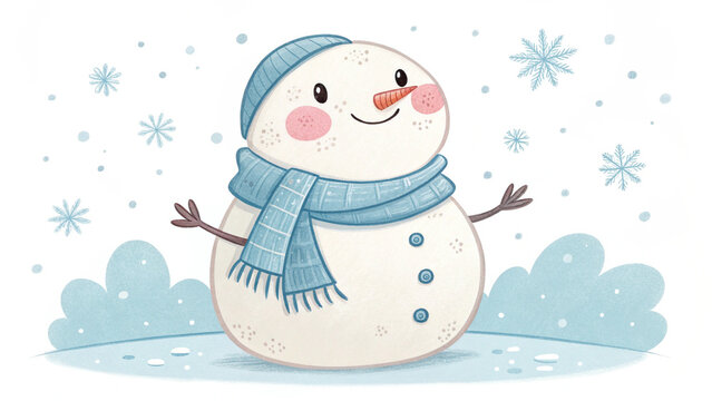 Chubby baby snowman with blush cheeks, short arms, soft blue scarf, pastel tones, extra-cute flat vector style