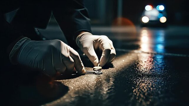 Gloves hands carefully collecting critical evidence from a wet night crime scene. Police vehicle lights flash, signaling urgent law enforcement investigation work in darkness.