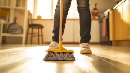 Person cleaning wooden floor with broom in bright home interior, daily housework and cleanliness concept in warm sunlight.
