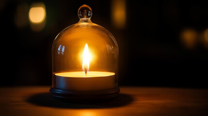 Single candle flame glowing softly under glass dome in dark room, peaceful evening atmosphere and relaxation concept.