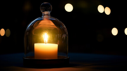 Single candle flame glowing softly under glass dome in dark room, peaceful evening atmosphere and relaxation concept.