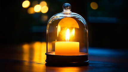 Single candle flame glowing softly under glass dome in dark room, peaceful evening atmosphere and relaxation concept.