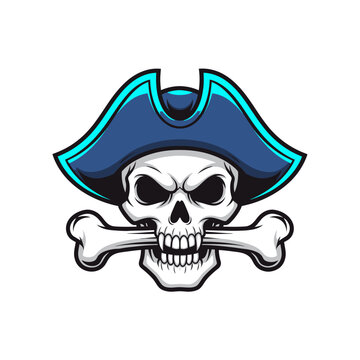 Dramatic pirate skull emblem with bold blue accouterments and menacing presence