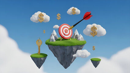 Strategic financial success 3D render of dart hitting bullseye on island with dollar signs and key, symbolizing goal achievement and prosperity