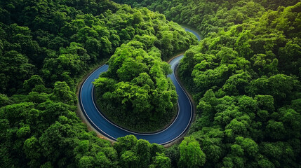 Aerial view of winding asphalt road curving through lush green forest in morning mist, peaceful travel and nature landscape concept.