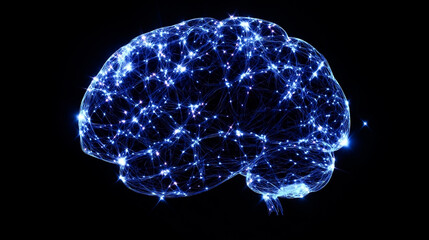 Futuristic digital brain made of glowing blue lines and neural connections, artificial intelligence and data network concept.
