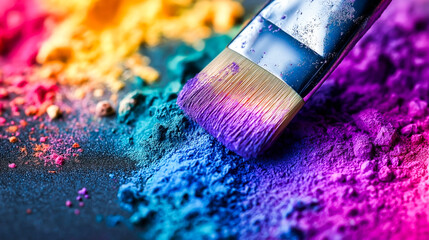 Brush dipped in bright blue, yellow, and red pigments. Symbol of art, imagination, painting, and creative process.