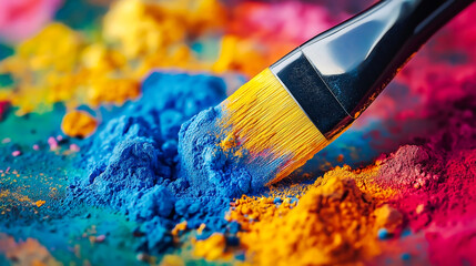 Brush dipped in bright blue, yellow, and red pigments. Symbol of art, imagination, painting, and creative process.