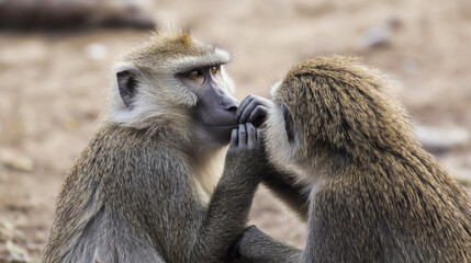 Close-up of baboons cleaning and bonding. Represents wildlife, friendship, nature connection, and animal care behavior.