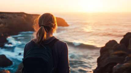 Woman with backpack looking at sea horizon during sunset. Symbol of peace, journey, independence, and wanderlust.