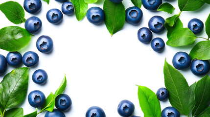 Fresh blueberries with green leaves forming border on white background, healthy organic food frame perfect for banner, poster, or natural product design concept.